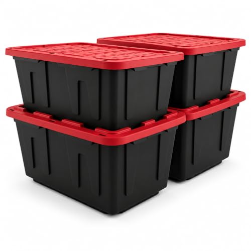 4-Pack 27 Gallon Heavy Duty Storage Bins with Lids, Stackable, Black/Red