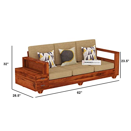 Image of Sheesham Wood 5 Seater Sofa Set with 2 Drawer Storage | 3+1+1 Wooden Sofa Set Furniture for Living Room Home Office (Honey)