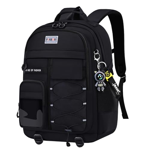 JANSBEN Schulrucksack für Teenager, Jungen & Mädchen, Mehrfachfach-Rucksack mit Laptopfach und Reflektierenden Streifen, Wasserdicht, Leichtes Design für Schule, Reisen und Schwarz