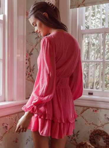 Image of AlvaQ Summer Dresses for Women Spring Long Sleeve A Line Ruffle Short Mini Dress V Neck Knot Front Swing Beach Sundress Rose X-Small