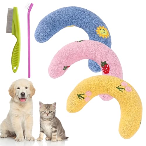 Plinko 犬用枕、U字型ペット鎮静おもちゃ、カットされた犬の心を落ち着かせる枕、ウルトラソフトハーフドーナツ枕ペット、かわいい刺繍パターン付きペットネックピロー、首をサポート(3個)