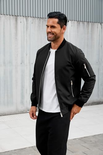 Image of QTE Black Bomber Jacket for Men Lightweight Casual Baseball collar jacket Coat Spring Fall Windbreaker Zip Up Coat with Pocket