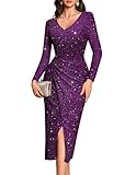 Bbonlinedress Women Sequin Cocktail Spring Summer Wedding Guest Formal Dress Long Sleeve Slit Wrap Maxi Evening Gown Prom Party,Grape L
