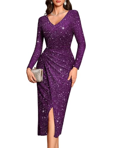 Bbonlinedress Women Sequin Cocktail Spring Summer Wedding Guest Formal Dress Long Sleeve Slit Wrap Maxi Evening Gown Prom Party,Grape L