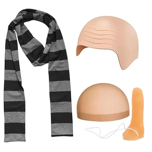 MUNSKT Juego de 4 accesorios para disfraz de cosplay de dibujos animados de Halloween, gorra calva, bufanda a rayas negras y grises, nariz larga para Halloween, suministros de fiesta | Ya disponible en tu tienda friki favorita! En mundofriki.es!