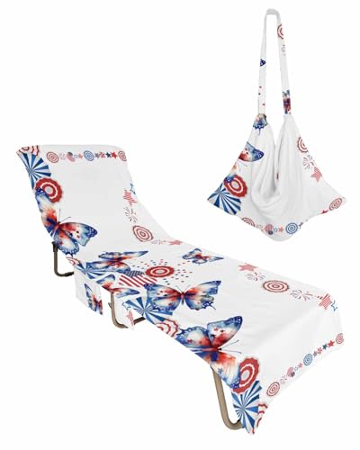 4th of July Butterfly Beach Lounge Chair Towel Cover, Soft Chaise Lounge Towel with Side Pockets Patio Pool Chairs Cover for Beach/Pool Sunbathing 29x85 Independence Day Blue Red