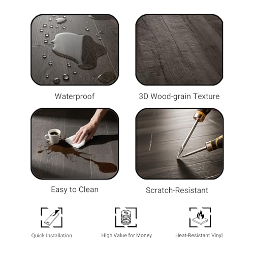 Image of Peel and Stick Vinyl Flooring Sample (3-Pack), Dark Grey Wood, 1.5 Sq.Ft Total | Waterproof & Rigid Core Tiles for DIY Kitchen, Bedroom, Bathroom, Living Room, RV
