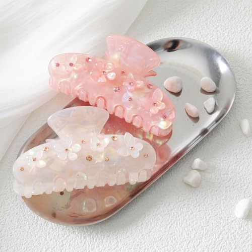 HAIMEIKANG 2Pcs Acrylic Flower Hair Claw Clips - Large for Women, Strong Hold Jaw Clip for Thick Thin Hair, Cute Non-slip Stylish Hair Accessories for Girls