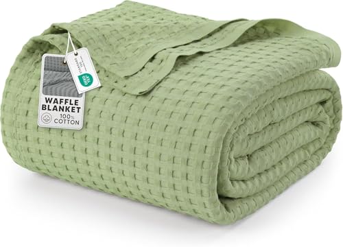 Utopia Bedding 100% Cotton Waffle Weave Blanket Queen Size for Bed - Lightweight, Breathable Summer Blankets Soft and Cozy, Gifts for Women Home Room Decor (Sage Green, 90x90 Inch)