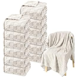 12 Pack Fleece Throw Blankets Bulk 50 x 60 Inches Soft 3D Checkered Flannel Warm Plush Blankets for Couch Sofa Bed Wedding Soft for Pet Bed Couch Office Gifts Travel Seasons Donation(Cream White)