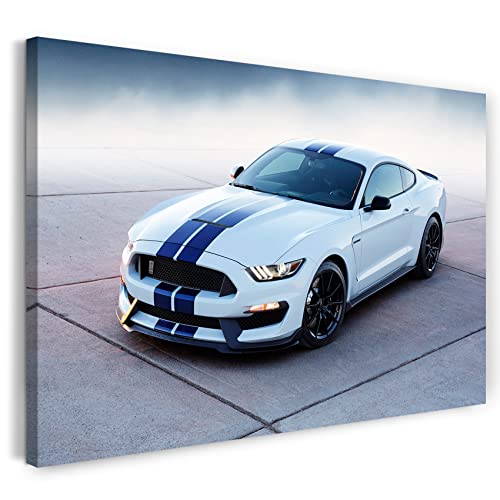 Printed Paintings Impresión sobre Lienzo (100x70cm): Fotos de Coches Ford Mustang Blanco con Raya