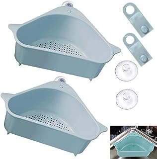 Sink Strainers Basket, 2Pcs Sink Drain Shelf Triangular Corner Kitchen Sink Strainer Ink Storage Holder with Suction Cup for for Kitchen Bathroom (Blue)