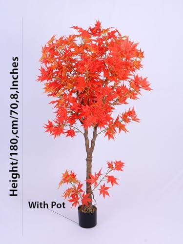 Image of ARICK DECOR 6Ft Artificial Japanese Maple Tree in Pot, Realistic Faux Autumn Orange Maple Plant, Peacock Shaped Large Floor Decor for Home, Office & Balcony