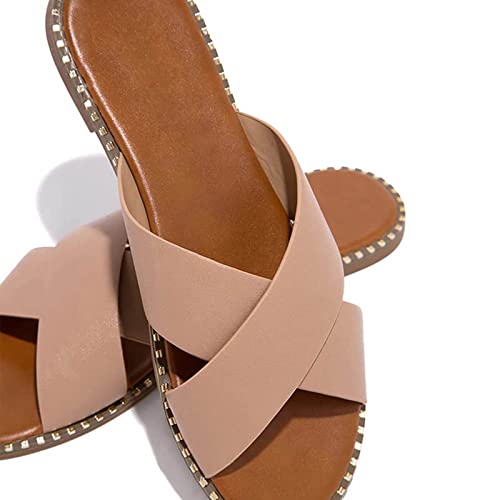 oiangi Slide Sandals Women Studded Flats Summer Casual Open Toe Slip-On Mule Crossed Strap Slipper Comfortable Ladies Shoes3