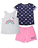 Hello Kitty Girls 3-Piece Printed Tee Shirt Fashion Tank Top and Active Short Set Trendy Summer Clothes for Little Girl (Navy/Gray, 3T)