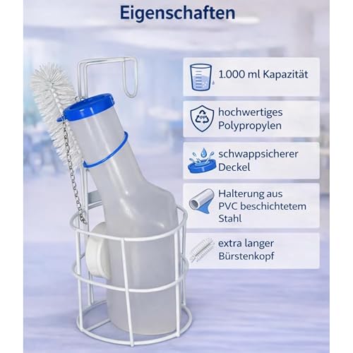 Urinflaschen Set für Männer – Urinflasche, mit Halterung & Bürste, Pinkelflasche für Männer, für unterwegs, Inkontinenz Männer, Urinente (Urinflasche, Halterung und Bürste)