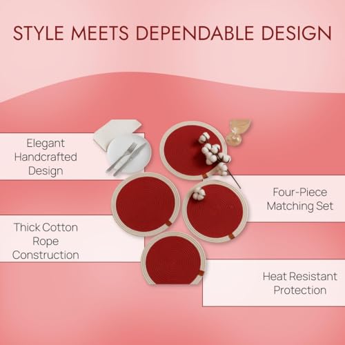 Image of Cotton Rope Placemats, Round Red with White Border, Set of 4, Heat Resistant Table Mats