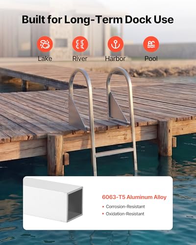 Image of VEVOR Flip-Up Dock Ladder, 4-Step, Heavy-Duty Aluminum Alloy Pontoon Boat Swim Ladder, with Non-Slip Wide Steps, 350 lbs Weight Capacity, Pull Rope Assist, for Lake Swimming, Pool, Marine Boarding