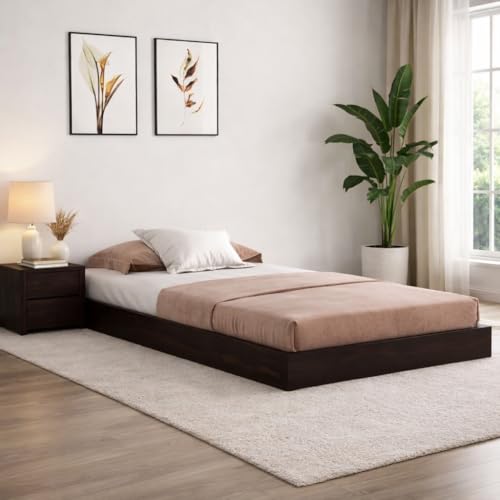 Image of KR Furniture Single Sheesham Wood Platform Bed | Japanese Style Low Floor Wooden Cot | Minimalist Modern Bed Frame for Bedroom, Guest Room & Apartment | Walnut Finish