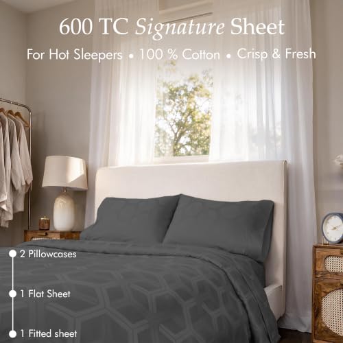 Image of Threadmill 100% Cotton Sheets for Full Size Bed - 600 Thread Count Full Bed Sheets Set with 16 inch Deep Pocket - Jacquard Sateen Weave 4-Piece Bedding Set with Cooling Effect, Dark Grey