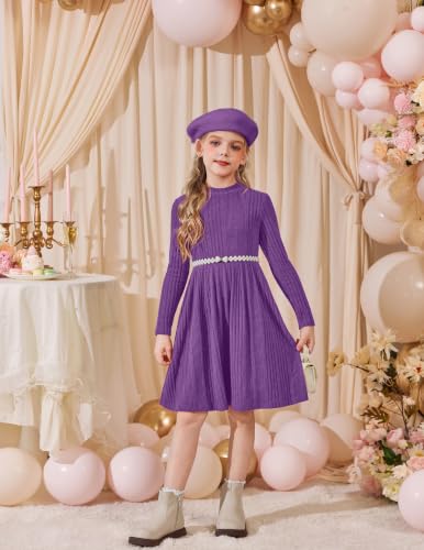 Image of Arshiner Girls Dresses Long Sleeve A Line Knit Sweater Dress with Pockets