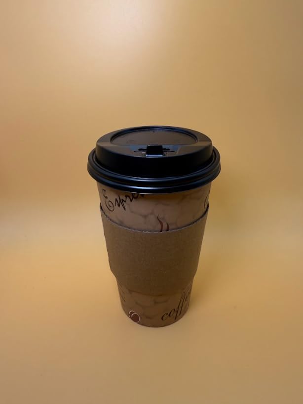 16OZ Brown Design Paper Hot Cups with Black Dome Lids and Sleeves for Coffee, Disposable Cups for Drinks (200)
