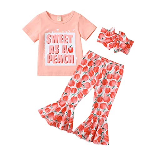 Grnshts Baby Girl Clothes Toddler Girl Letter Print Tops+Peach Bell-Bottoms Pants+Headband 3Pcs Summer Outfits(Pink Peach,18-24M) #TOP13
