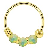 PiercingPoint Triple Light Green Opal Stone 9K Solid Yellow Gold 22 Gauge Hoop Nose Ring - Cartilage Hoop - Tiny Nose Hoop - Tragus Ring
