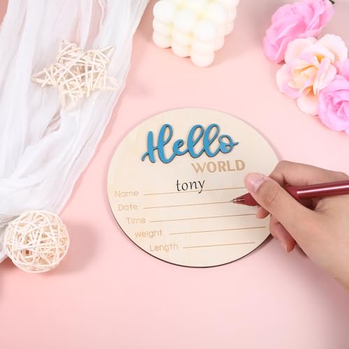 Image of Wooden Baby Announcement Sign, 5.9 Inch Hello World Newborn Sign, Hospital Birth Stat Plaque, Hospitals, Homes, Nurseries, Suitable for Newborn Boys and Girls, Birth Souvenir (Blue)