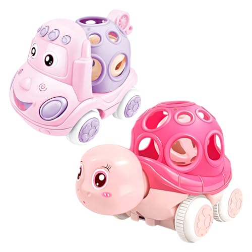 Image of ONEST 2 Pieces Baby Toy Cars for Babies, Infant Soft Rubber Push and Go Toy Car for Toddler Girl, Rattle Roll Truck Wind Up Cars for Infants Gift, Pink Car Toys for Baby Boys Girls Gift