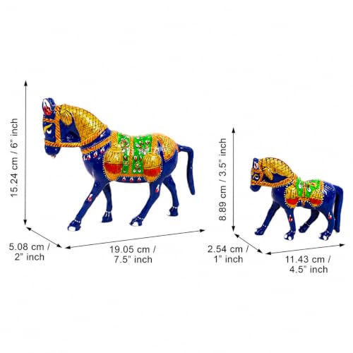 Image of eCraftIndia Handcrafted Blue Horse Pair Decorative Showpiece Set of 2 for Home Decor | Traditional Rajasthani Hand-Painted Horse Figurines | Tabletop, Shelf & Living Room Decoration
