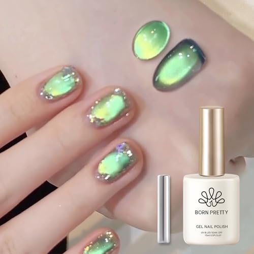 Born Pretty Cat Magnetic Gel Nail Polish Green Gel Polish Crystal Cat Holographic Magnetic Nail Polish Nail Art Manicure Salon DIY at Home 15ML
