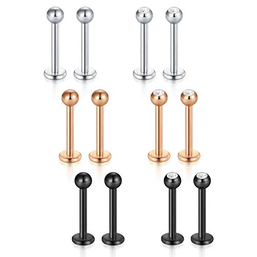 vcmart 6 Paar Lippenpiercing Stecker Set Chirurgenstahl 6/8/10mm Stab Labret Bars Tragus Monroe Ohr Piercing Stud Schmuck