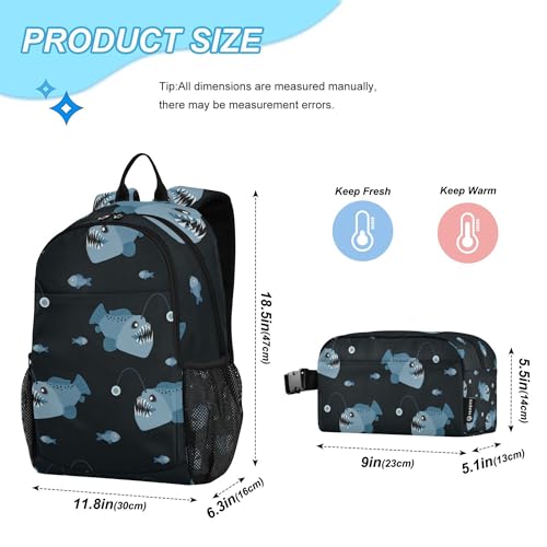 Angler Fish Backpack with Lunch Bag, School Travel Backpack for Boys Girls Kids Backpacks Set2