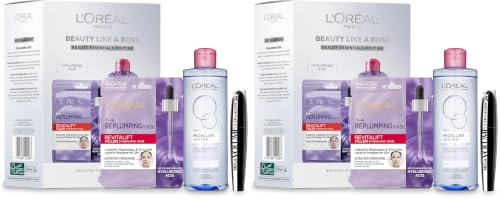 Image of L'Oreal Paris Beauty Like a Boss Giftset, Skincare Routine Powered by Hyaluronic Acid; Micellar Water + Replumping Tissue Mask + Mega Volume 24hour Collagen Mascara, Prep & Glow Everyday (Pack of 2)