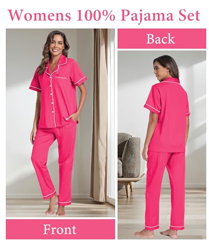 Image of CF Womens 100% Cotton Pajamas Set Button Down Pjs Sets Short Sleeve Top & Long Pants Sleepwear Comfy Loungewear with Pockets
