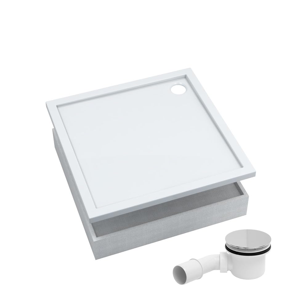 AQUABAD Duschwanne/Duschtasse | Komplettset Basic Smooth White 80x80cm Quadrat | inkl. Styroporträger und Marken-Siphon 90mm mit Chromdeckel | (Gesamthöhe inkl. Träger 16 cm) zum Befliesen