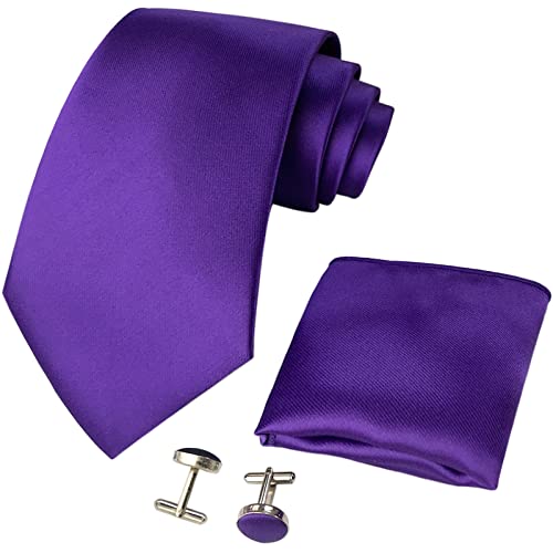 CANGRON Men Royal Purple Solid Tie Basic Necktie Pocket Square Cufflinks Tie Set LSC8ZI