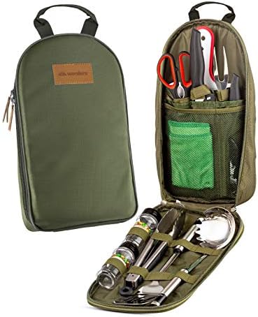 11 Piece Camp Kitchen Cooking Utensil Set Travel Organizer Grill Accessories Portable Compact Gear for Backpacking BBQ Camping Hiking Travel Cookware Kit Water Resistant Case (Green)
