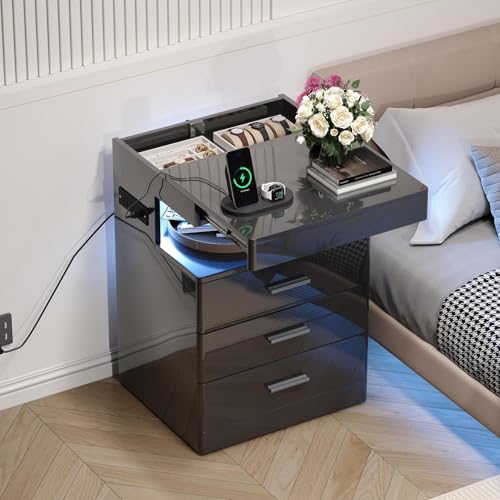 Treocho Led Nightstand with Hidden Space, Modern Night Stand with Charging Station, 3 Drawer Smart Nightstand with Glossy Finish, Tall Bedside Table with RGB Lights for Bedroom, Black