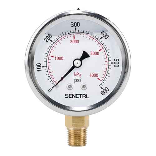 SENCTRL 0-600 Psi Liquid Filled Pressure Gauge, 1/4" NPT Lower Mount