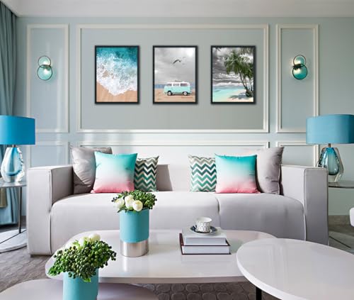 Enartly Teal Ocean Beach Summer Canvas Wall Art Coastal Turquoise Pictures Bathroom Decor Palm Tree Paintings Sea Wave Blue Vocation Bus Artwork for Bedroom Living Room Decor Black Framed 16"x20"x3 - Image 2