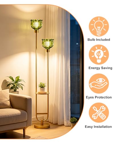 Image of Lightdot 2-Lights Modern Glass Floor Lamp with Table Gold Standing Tall Lamps with Green Glass Shade, Flower Floor Lamp with Foot Switch for Living Room Bedroom Home Decor (Bulbs Included)