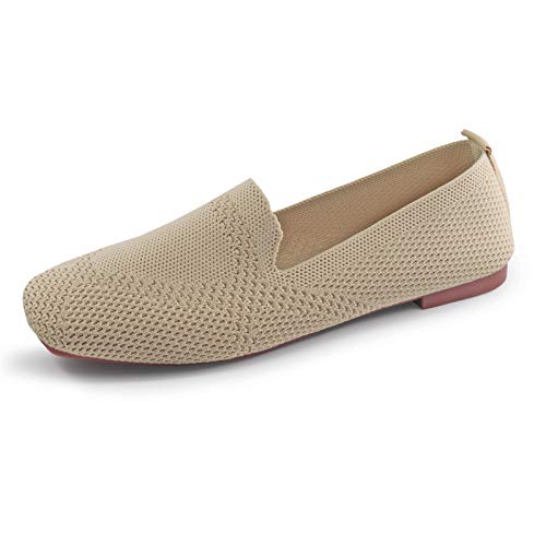 Image of RVROVIC Women Flat Shoes Knitted Lightweight Slip-on Loafers Breathable Soft Comfortable Ballet Flats(5,Pure-Beige)
