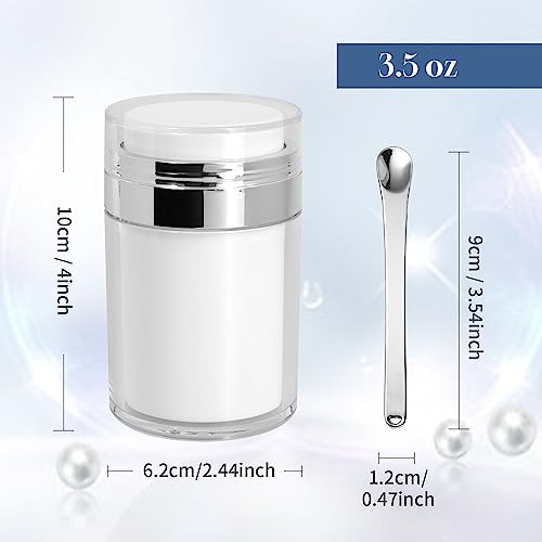 2Pack Airless Pump Jars with Cosmetic Spatula, 3.5 oz Empty Refillable Cosmetic Air Pump Jars Bottles Airless Lotion Cream Dispenser Portable Travel Makeup Containers (Silver)2