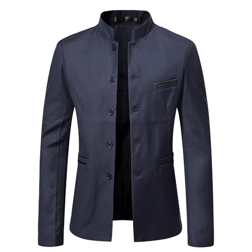 Mens Stand Mandarin Collar Suit Blazer Jackets Single Breasted Business Dress Coat Lightweight Lined Sport Coats