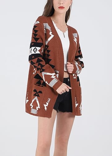 chouyatou Women's Tribal Aztec Print Sweater Open Front Knitted Jacquard Cardigan Sweater4