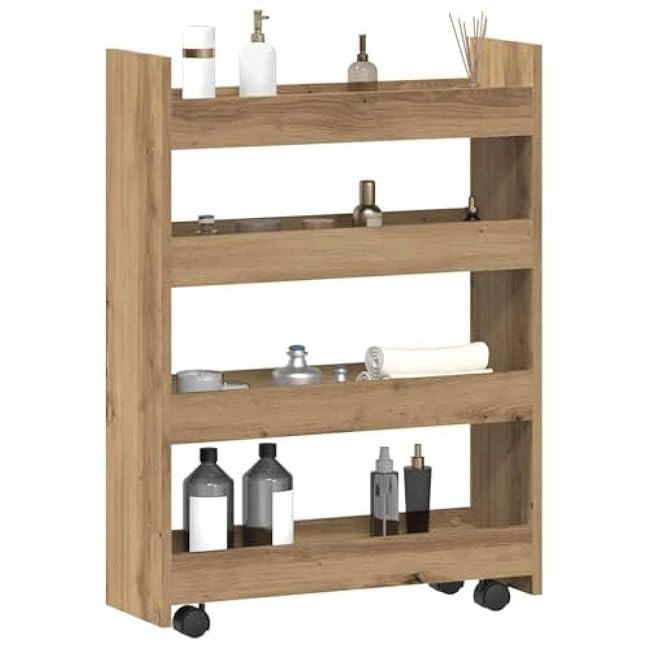 CHARMMA Narrow Storage Trolley 4 Tier Artisian Oak Engineered Wood,Kitchen & Dining Trolleys, Brown, 23.81kg-plme7mOm