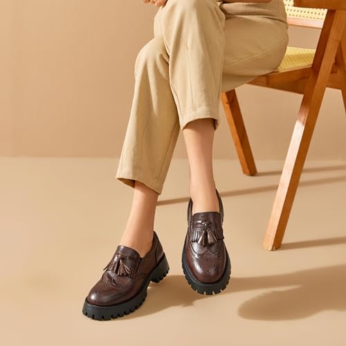Image of BEAU TODAY Chunky Loafers for Women, Women's Leather Platform Loafers, Lug Sole Tassel Slip On Loafers Shoes Brogues Wingtip Casual Business Shoes Comfortable Dressy