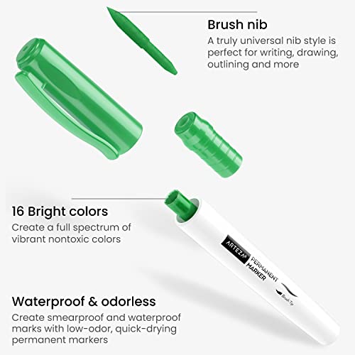 Arteza Colored Permanent Markers, Set Of 16, Brush Tip Pens, Bright Colors, Smear-Proof, Waterproof, For Stone, Plastic, Glass, Wood, And Metal #TOP2